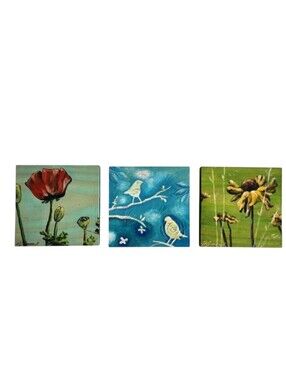 Lot 3 Original Paintings Acrylic on Wood Panel Art Flowers Birds Signed
